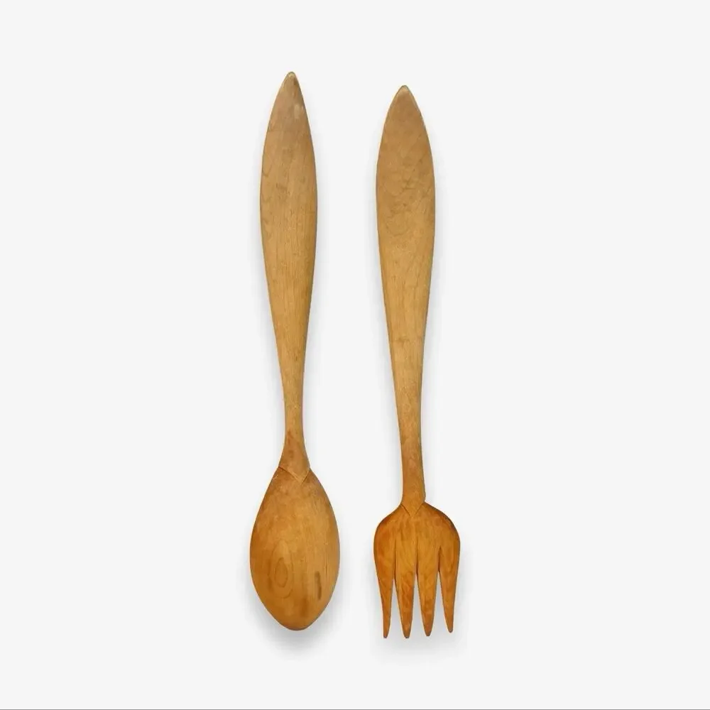 Vintage Hand Carved Wood Alligator Crocodile Salad Servers Fork Spoon 10”